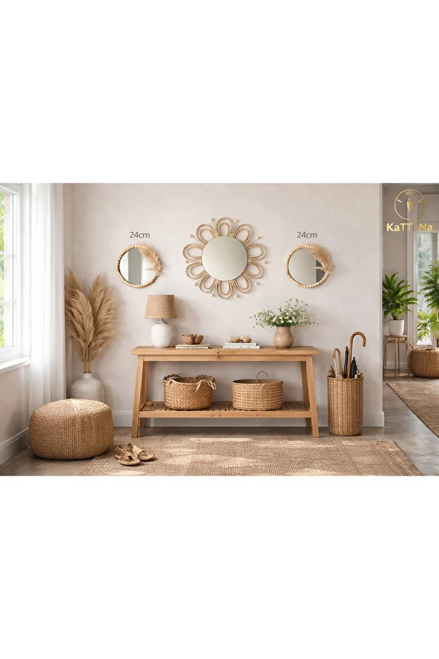 Hasır Örgü Papatya Ve Boncuk Ayna Duvar Dekorasyon Ürünü 3’lü Set